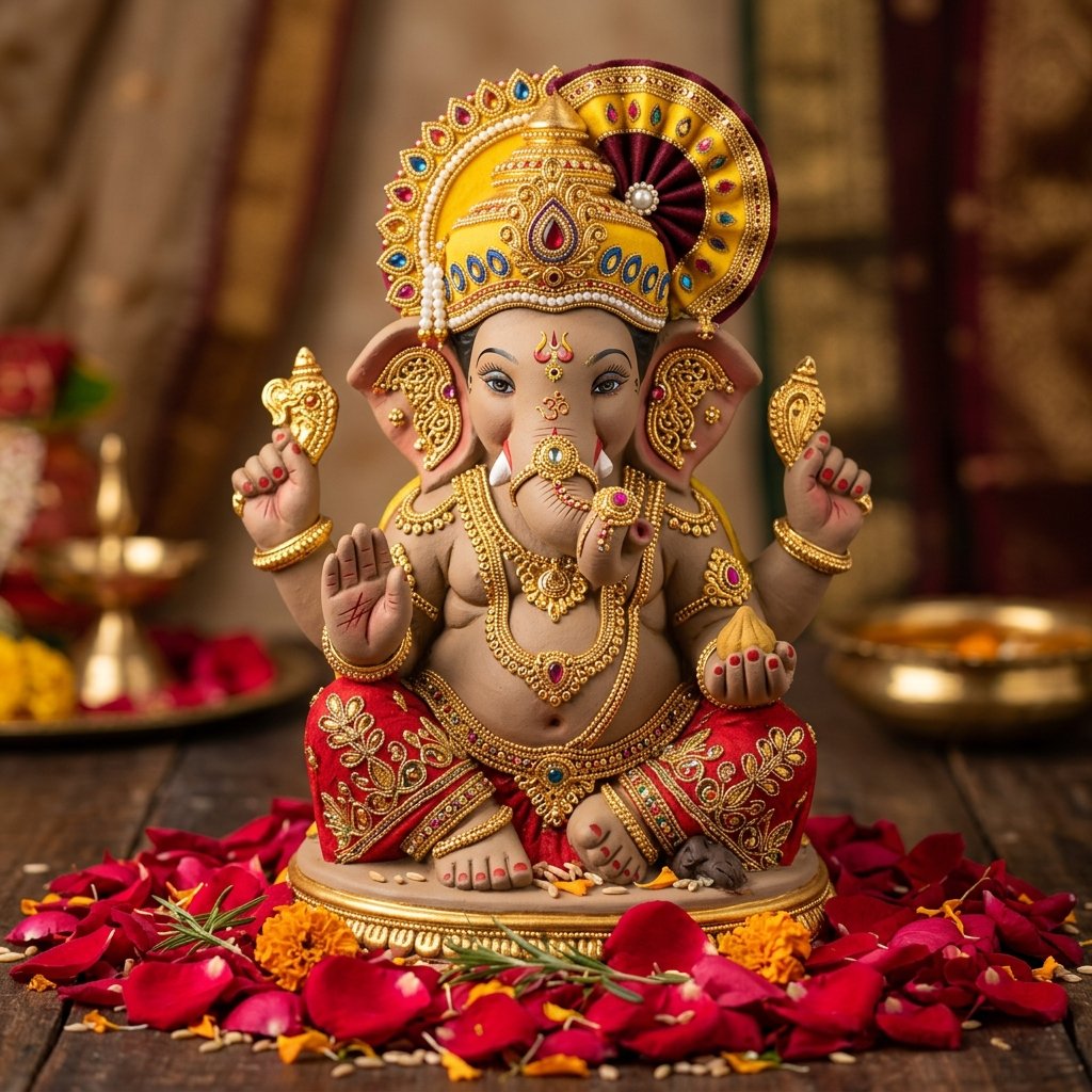 Ganesh Statue - Gold Ornaments Detail